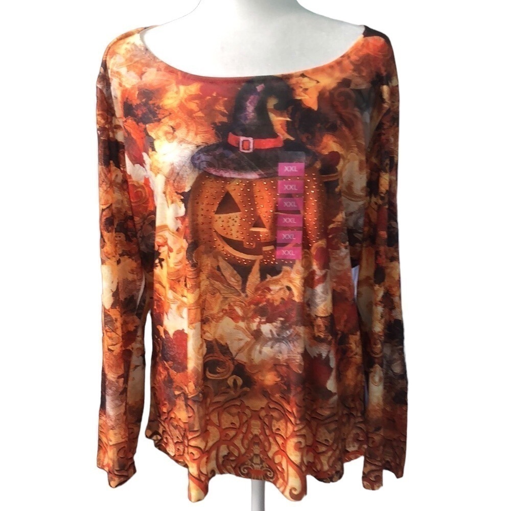 One World Top Tunic Bedazzled Halloween Pumpkin Size XXL NWT